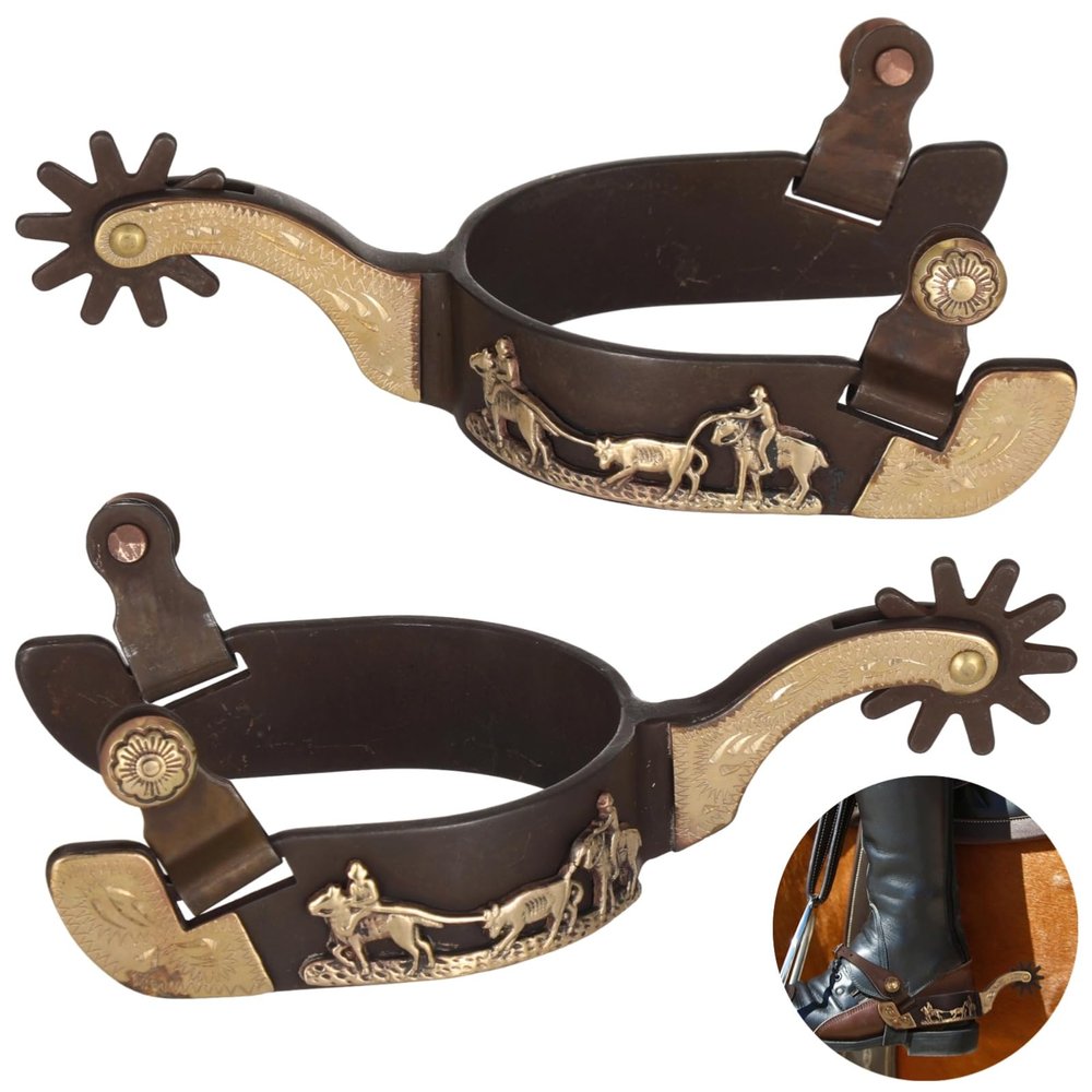 Lnrueg Western Spurs for Cowboy Boots with Rotating Gear, Antique Copper and Brass Design, Engraved Trim, Low-Carbon Steel