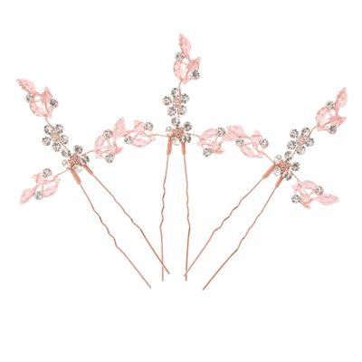 VALICLUD 3-Piece Rose Gold Hair Sticks with Leaf-Shaped Crystal Decoration