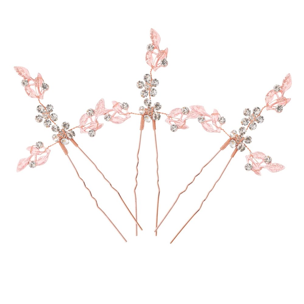VALICLUD 3-Piece Rose Gold Hair Sticks with Leaf-Shaped Crystal Decoration
