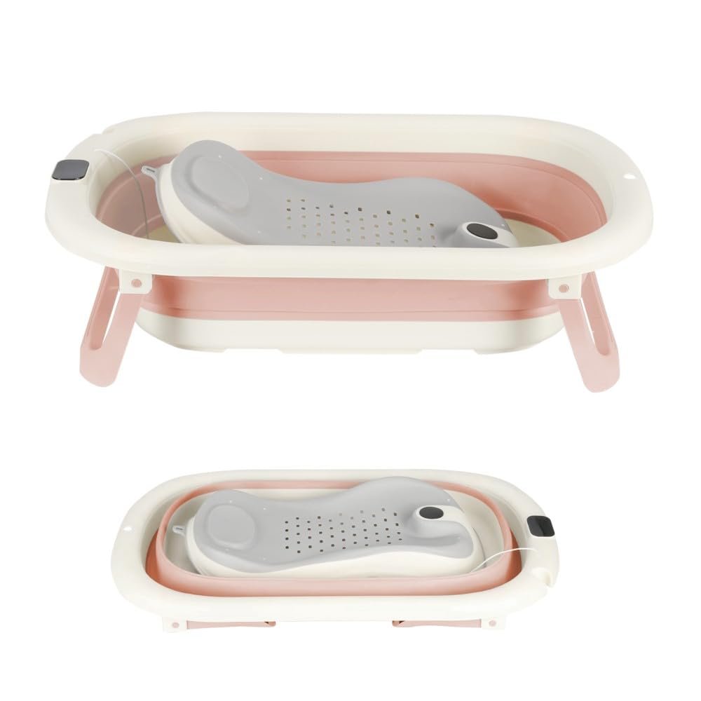 OHMG Foldable Baby Bathtub with Digital Thermometer and Bath Cushion, Compact and Portable with Storage Shelf (A-Rosa, 43 x 71 x 18.5 cm)