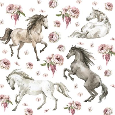 Wally Fox - Kids' Room Wall Stickers - Baby Room Wall Decals - Non-Toxic, Safe, High-Performance - 47 Stickers, Horses, Mustangs, Steeds, Horse, Roses, Watercolor - Brown, Black, White, Pink