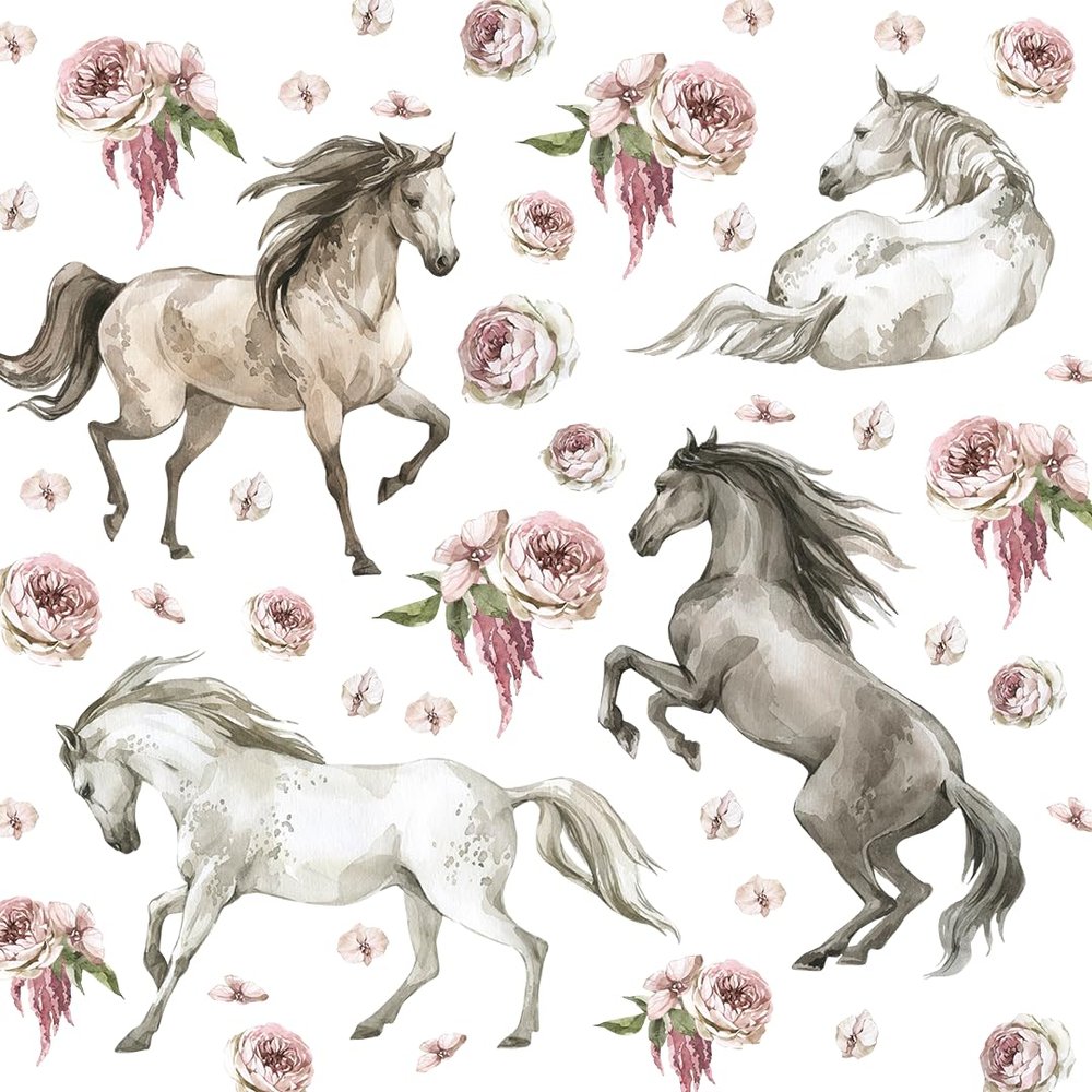 Wally Fox - Kids' Room Wall Stickers - Baby Room Wall Decals - Non-Toxic, Safe, High-Performance - 47 Stickers, Horses, Mustangs, Steeds, Horse, Roses, Watercolor - Brown, Black, White, Pink