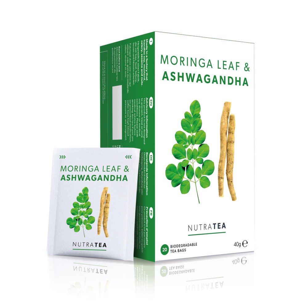 Nutra Tea Moringa & Ashwagandha Herbal Tea, 60 Individually Wrapped Tea Bags, 3-Pack