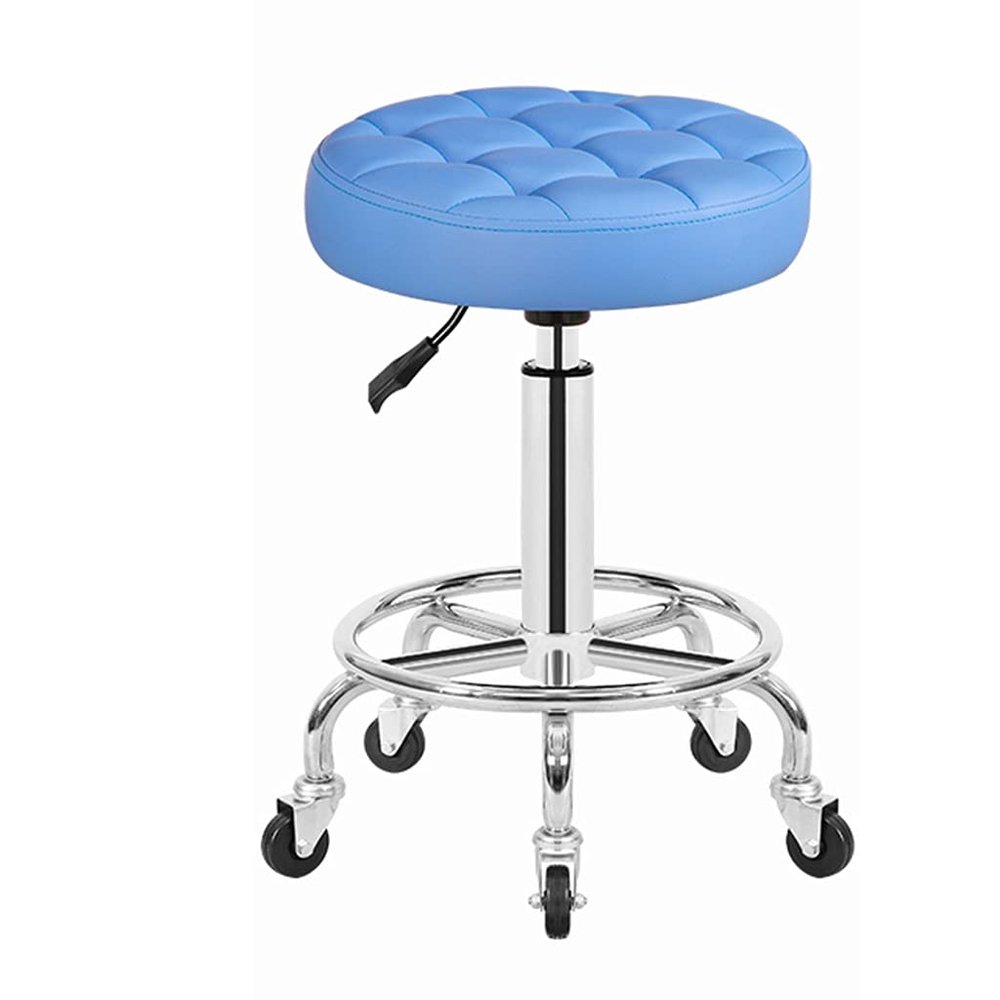 QDZC Round Rolling Stool, Height-Adjustable PU Leather Swivel Stool, Blue