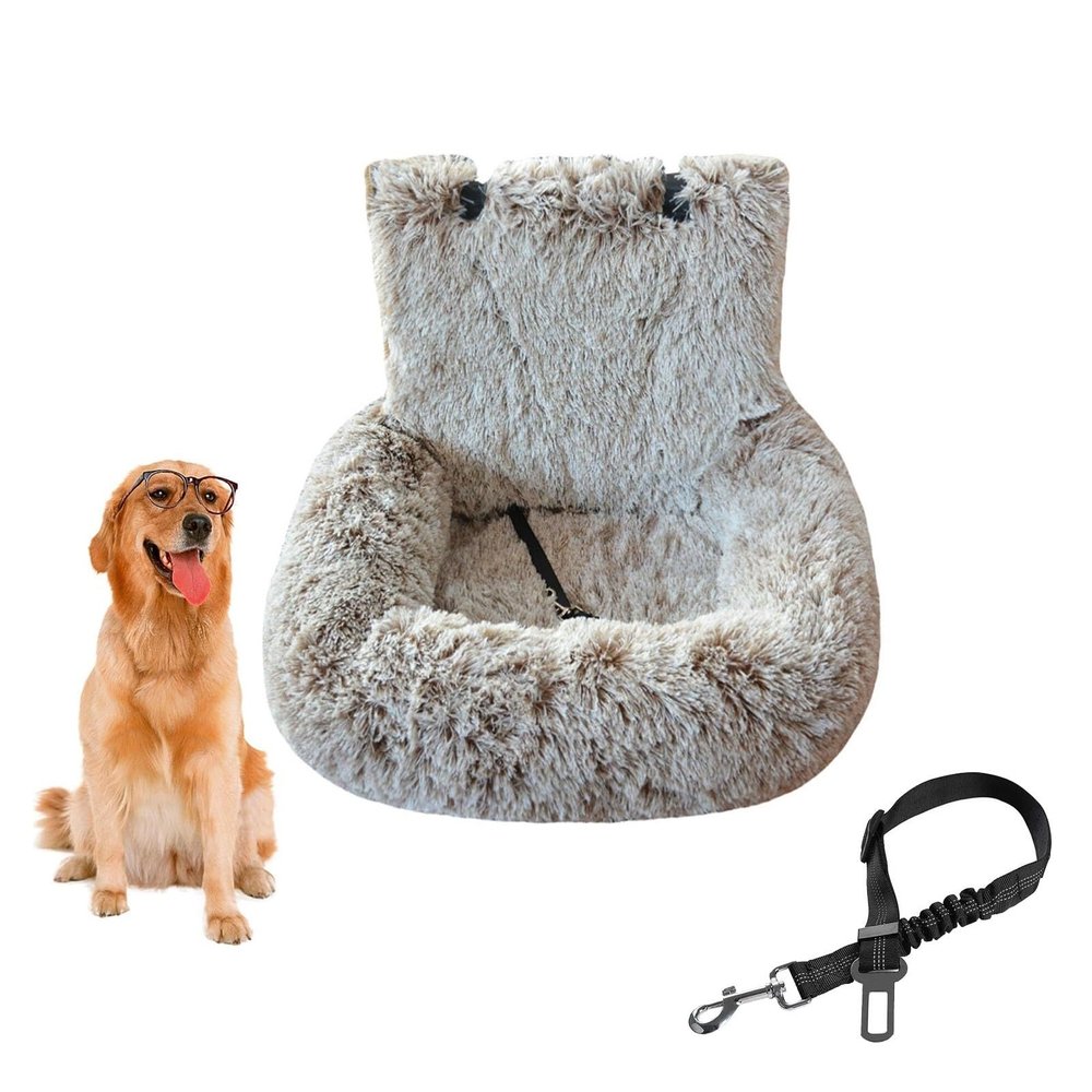 Pelzbarn Dog Car Seat with Safety Belts, Plush Travel Seat with Thick Cushion, Removable and Easy to Clean, Apricot White, 60 x 60 cm