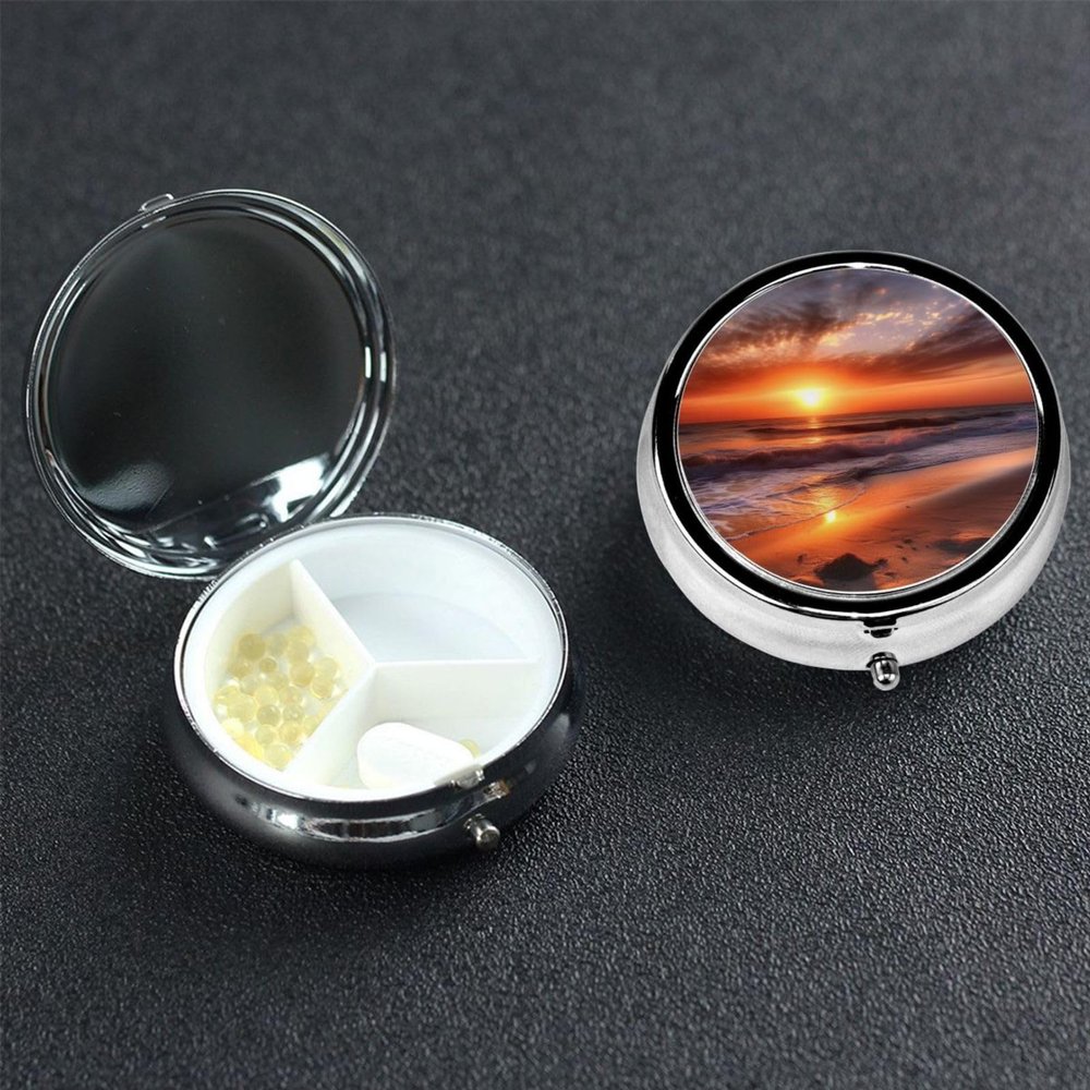 Mini Metal Pill Organizer with 3 Compartments, Travel Pill Case, Beach Sunrise