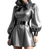 ASNAT Sexy Latex Mini Princess Dress in Silver and Black, Flared with Puff Sleeves, Babydoll Top, Large Bows, LYQ-0376, All Black, XL view 2