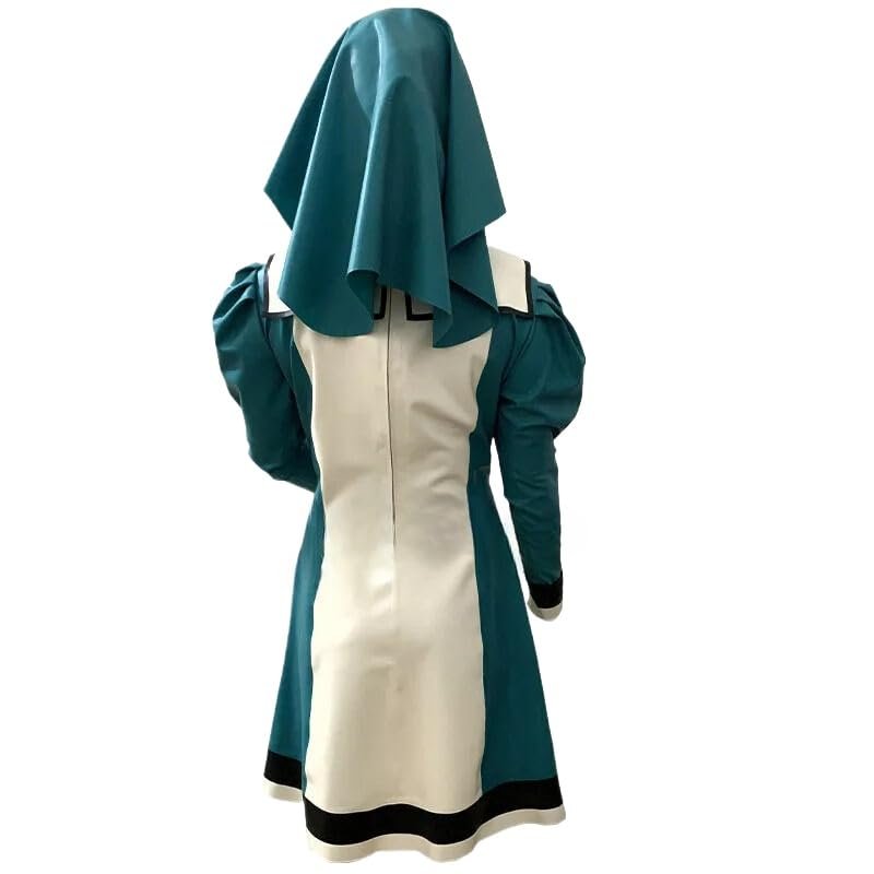 ASNAT Latex Cosplay Nurse/Nun Uniform Dress with Scarf, Dark Green and White