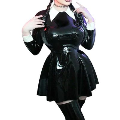 ASNAT Sexy Latex Dress in Black and White, Turn-Down Collar, Back Zippers, Figure-Hugging Rubber Play Suit Without Stockings, Trans Black W White, Size S
