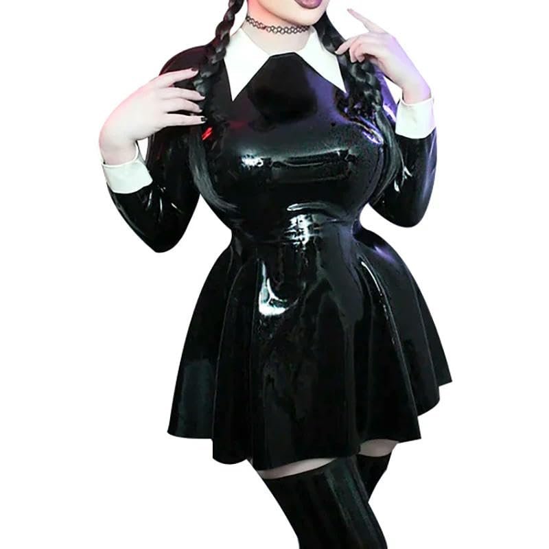ASNAT Sexy Latex Dress in Black and White, Turn-Down Collar, Back Zippers, Figure-Hugging Rubber Play Suit Without Stockings, Trans Black W White, Size S