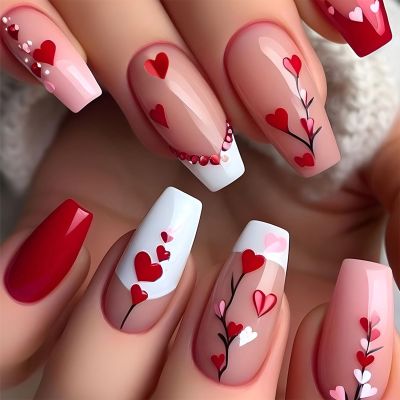24 Valentine's Day Press-On Nails, Long Coffin Heart Design
