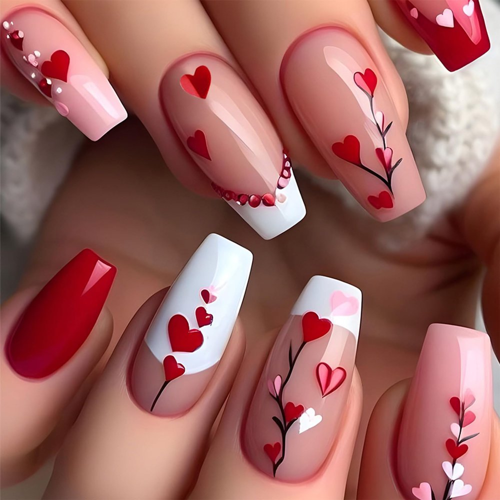 24 Valentine's Day Press-On Nails, Long Coffin Heart Design
