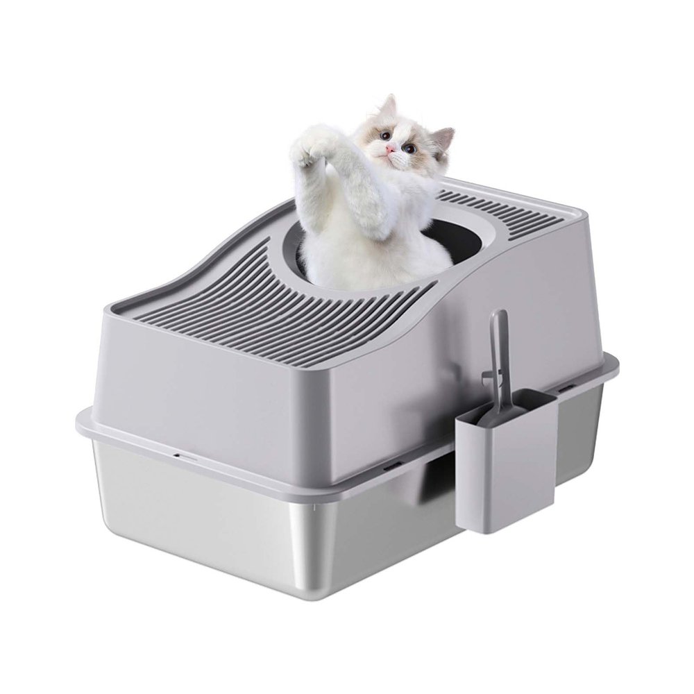 Zstar Stainless Steel Cat Litter Box, Extra-Large, Top-Entry, Gray, 60 x 40 x 34.5 cm