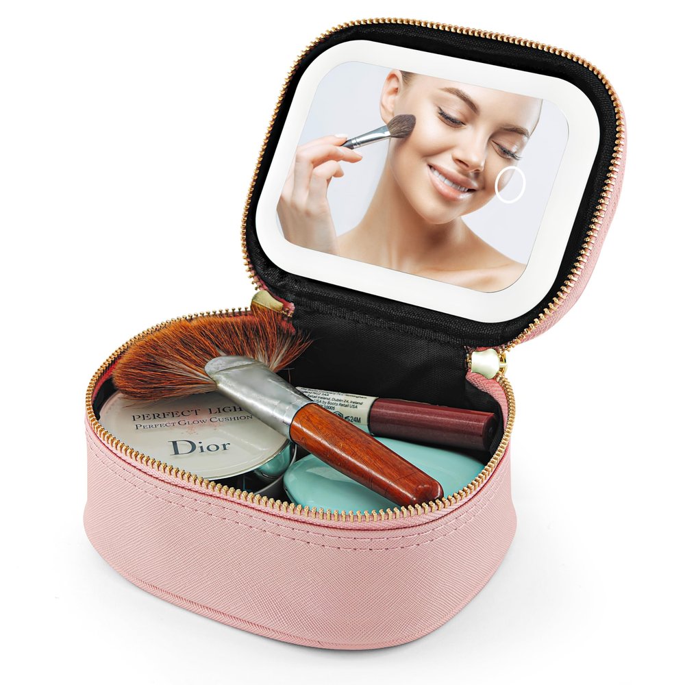 Elitzia Mini Cosmetic Bag with Lighted Mirror, Portable PU Leather Travel Makeup Organizer, Waterproof, 3 Light Modes, Detachable Rechargeable LED Mirror, Pink