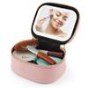 Elitzia Mini Cosmetic Bag with Lighted Mirror, Portable PU Leather Travel Makeup Organizer, Waterproof, 3 Light Modes, Detachable Rechargeable LED Mirror, Pink view 1
