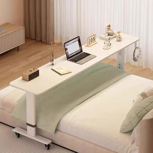 Adjustable Bed Table with Wheels, Queen-Size Mobile Laptop Desk, White, 120 cm