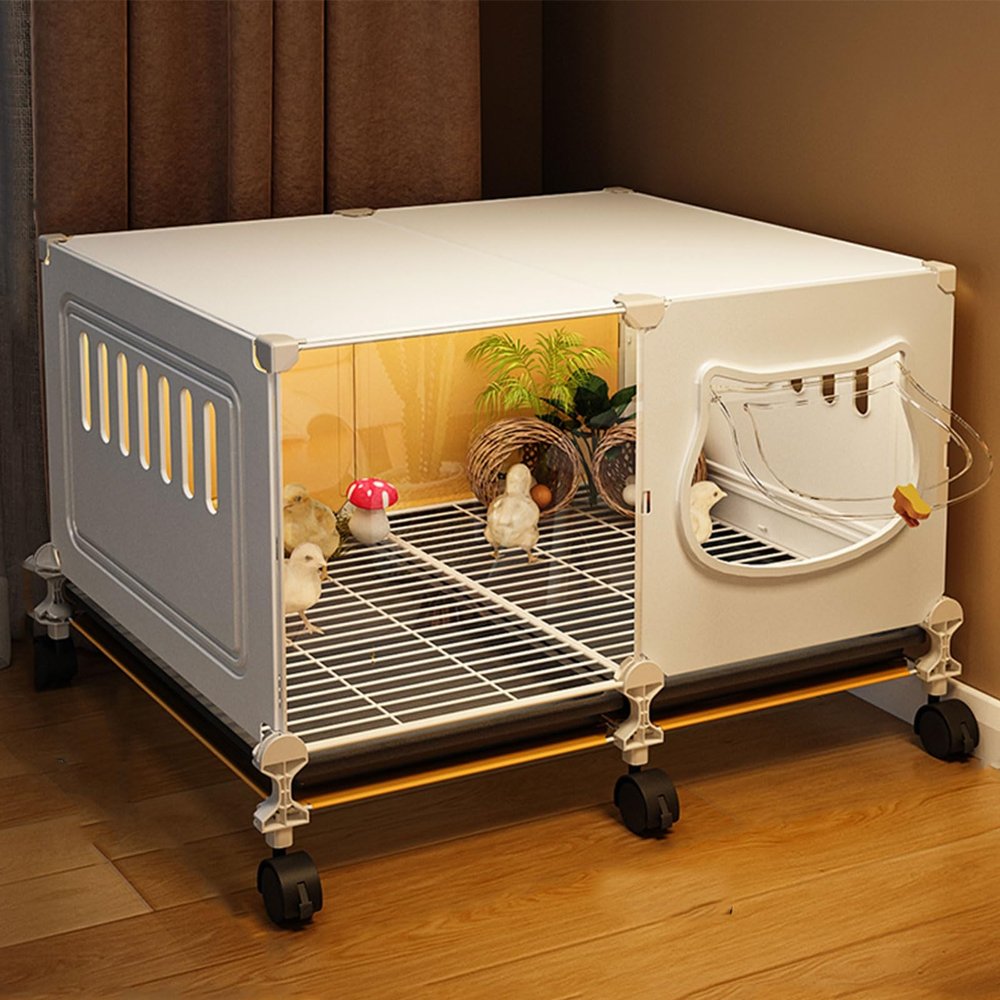 Mobile Chicken Enclosure with Tray and Universal Casters, Transparent Panels, White, 70 x 45 x 45 cm