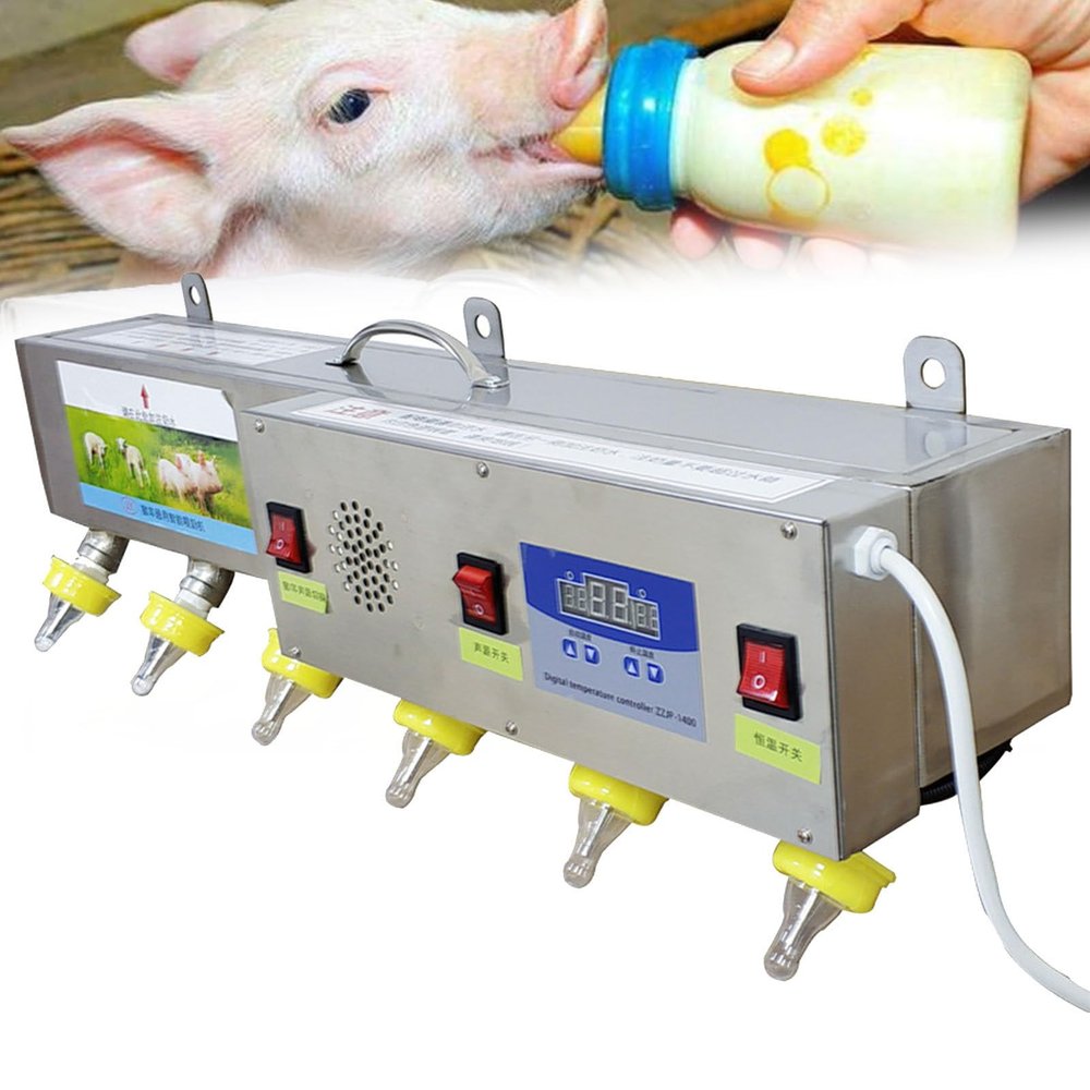 Piglet and Lamb Feeder, Universal Nursing Feeder for Lambs, Stainless Steel Feeder with Constant Temperature, 6 Automatic Nipples with Sound Simulation