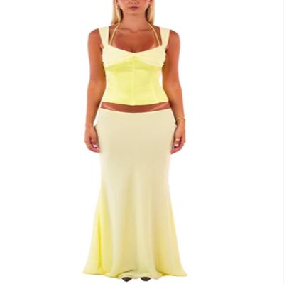 Acrawnni 2-Piece Women's Maxi Skirt Set, Lace-Up Backless Halter Crop Top and Flowing Ruffle Long Skirt, Y2K Summer Beach Outfit, C-Yellow, S