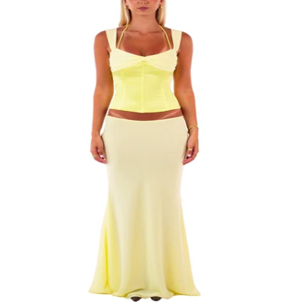 Acrawnni 2-Piece Women's Maxi Skirt Set, Lace-Up Backless Halter Crop Top and Flowing Ruffle Long Skirt, Y2K Summer Beach Outfit, C-Yellow, S
