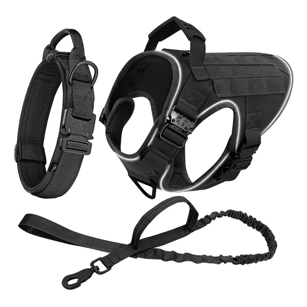 Military Tactical Nylon Dog Harness, Collar and Leash with Control Handle, Reflective Outdoor Set for Large Dogs, Black, S
