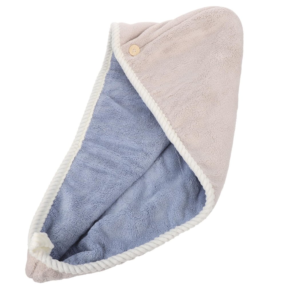 Quick-Drying Hair Towel with Button, Coral Fleece, Blue Gray