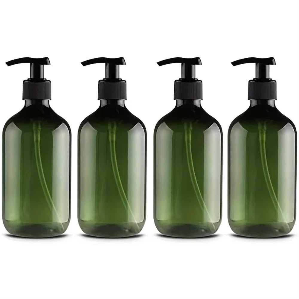 Portable Empty Pump Bottles, Cylindrical, Refillable, 300 ml, Green, 4-Pack