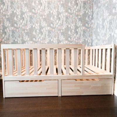Mandrele Montessori Floor Bed with Slatted Base and Drawers, Guardrail, 90 x 200 cm, Natural