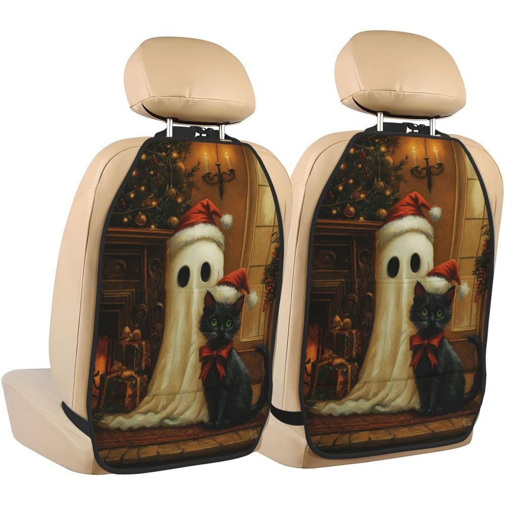 Car Seat Back Kick Mats with White Ghost and Black Cat, 2-Pack