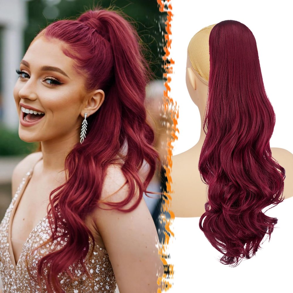 BARSDAR Burgundy Wavy Ponytail Hairpiece with Drawstring, 50 cm Synthetic Clip-In Extension