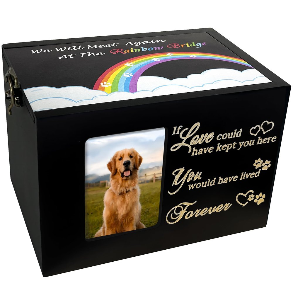 Sofunii Pet Urn for Dogs or Cats, Wooden Memorial Box with Photo Frame, Rainbow Bridge Keepsake, Black Flannel Lining (M - Up to 40 kg Pets)
