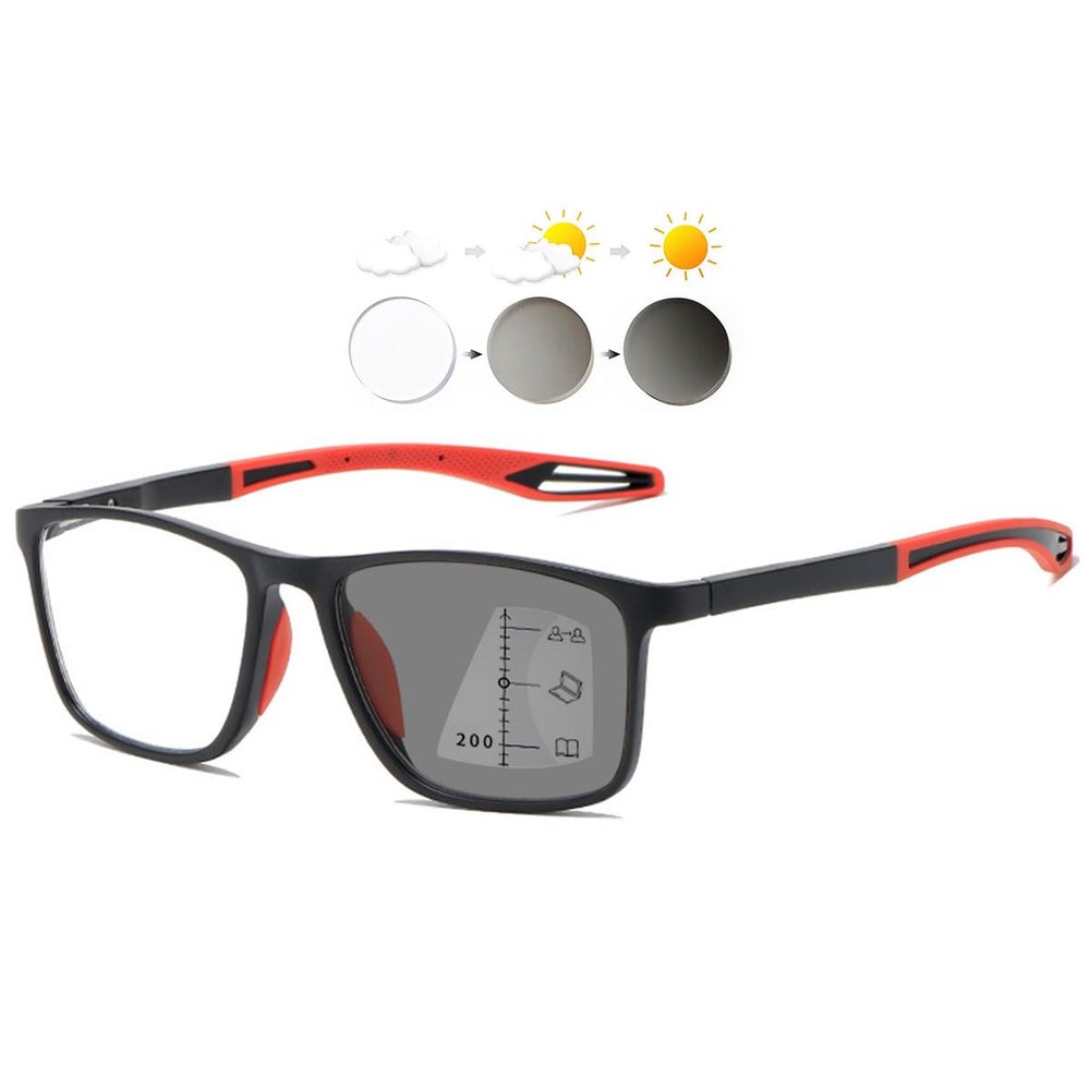 KOOSUFA Self-Tinting Progressive Reading Glasses for Men and Women, TR90, Black/Red, +2.0