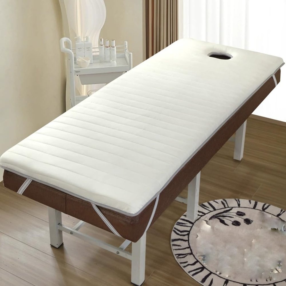 Beige 190 × 70 cm S Memory Foam Massage Table Pad, 6 cm Thick, with Face Hole, Headrest and Elastic Straps
