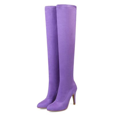 GBBRZKTB Women's Purple Over-the-Knee Suede Stiletto Boots, Pointed Toe, 9.5 cm, Size 47