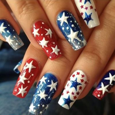 4th of July Long Coffin Fake Nails, Independence Day French Press-On Acrylic Nails