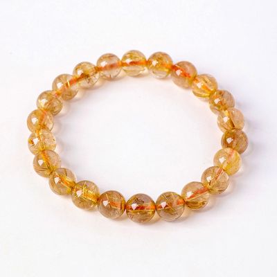 NHDVDVAV Natural Gold-Yellow Rutilated Quartz Crystal Bracelet, Round Natural Stone Beads, Stretch Gemstone Jewelry for Women and Men, 7 mm
