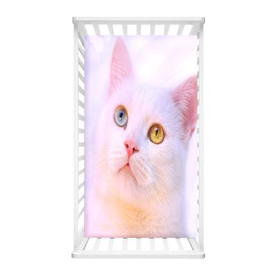 Odot Baby Crib Fitted Sheet, 3D Cat and Kitten Pattern, Soft Microfiber, White Cat, 75 x 30 cm