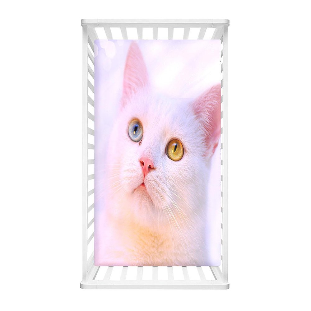 Odot Baby Crib Fitted Sheet, 3D Cat and Kitten Pattern, Soft Microfiber, White Cat, 75 x 30 cm