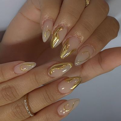 Short Almond Press-On Nails with 3D Metallic Lines, 24-Piece Set