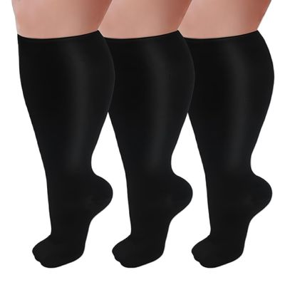 Compression Socks for Wide Calves, 3 Pairs, Plus Size, Black, 3XL