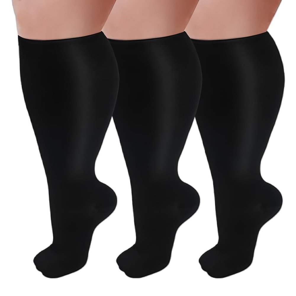 Compression Socks for Wide Calves, 3 Pairs, Plus Size, Black, 3XL