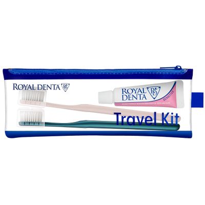 Royal Denta Travel Kit Duo Sensitive Travel Toothbrush & Toothpaste Set with 20 g Hydroxylapa Toothpaste, 2 Silver Extra-Soft Toothbrushes, Brush Caps and Water-Resistant Case