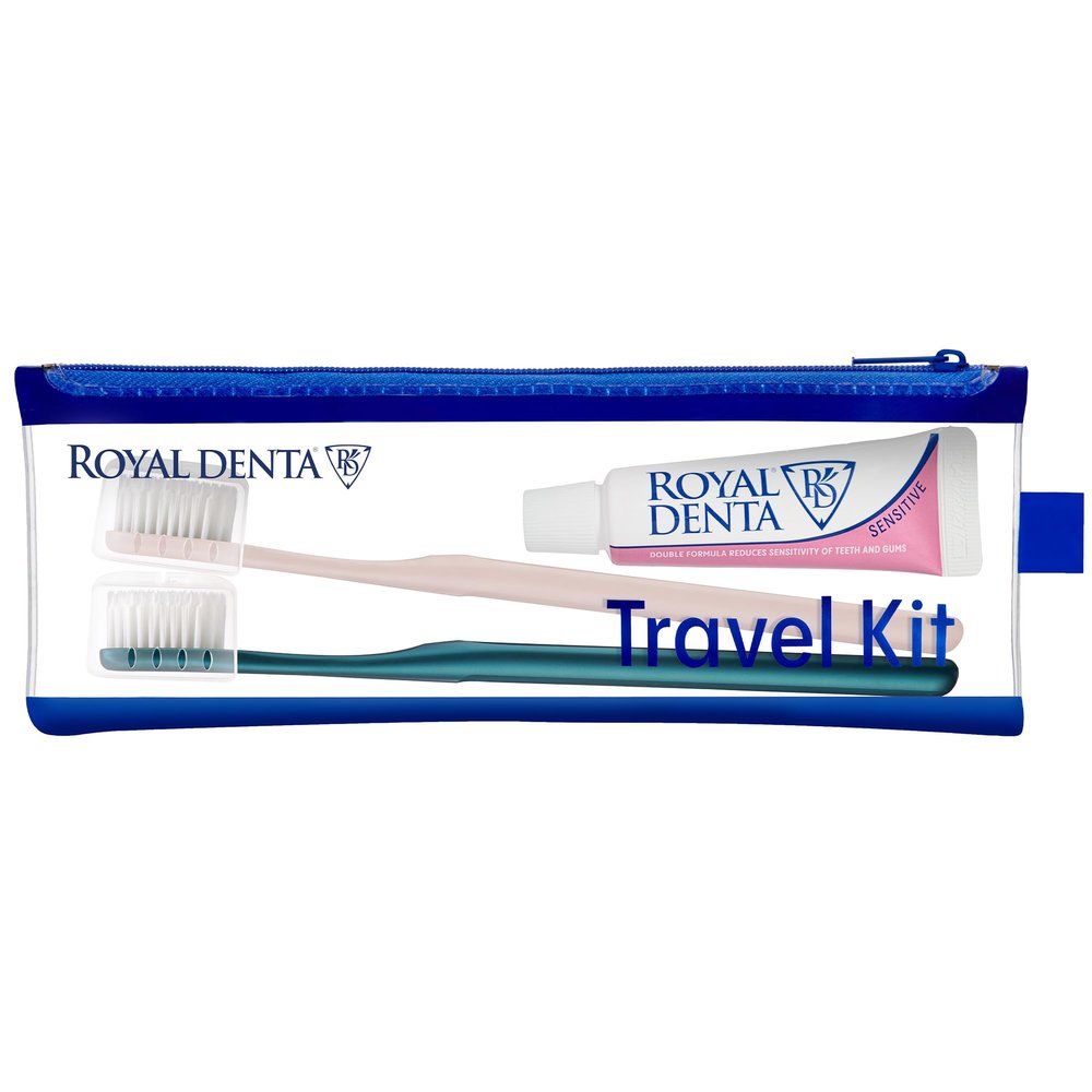 Royal Denta Travel Kit Duo Sensitive Travel Toothbrush & Toothpaste Set with 20 g Hydroxylapa Toothpaste, 2 Silver Extra-Soft Toothbrushes, Brush Caps and Water-Resistant Case