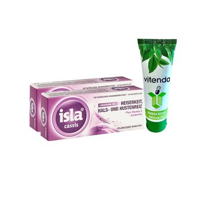 isla Cassis Lozenges, 2 x 30 ct., with Hand Cream from vitenda, Fruity Blackcurrant Flavor, Sugar-Free, for Throat and Voice Irritation