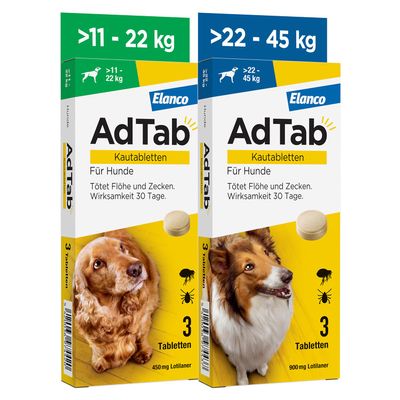 AdTab combo set: flea and tick protection for 2 dogs (>11–22 kg and >22–45 kg), 2 packs of 3 chewable tablets each