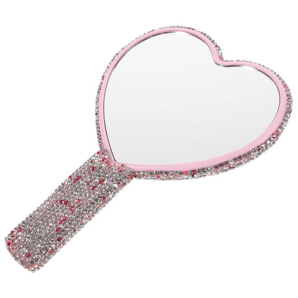 Heart-Shaped Hand Mirror with Handle, Pink ABS with Rhinestones