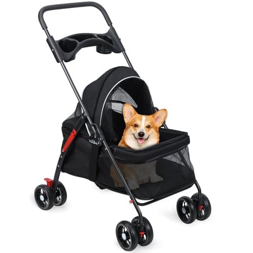 Folding Pet Stroller for Puppies and Cats with Cup Holder and Adjustable Canopy