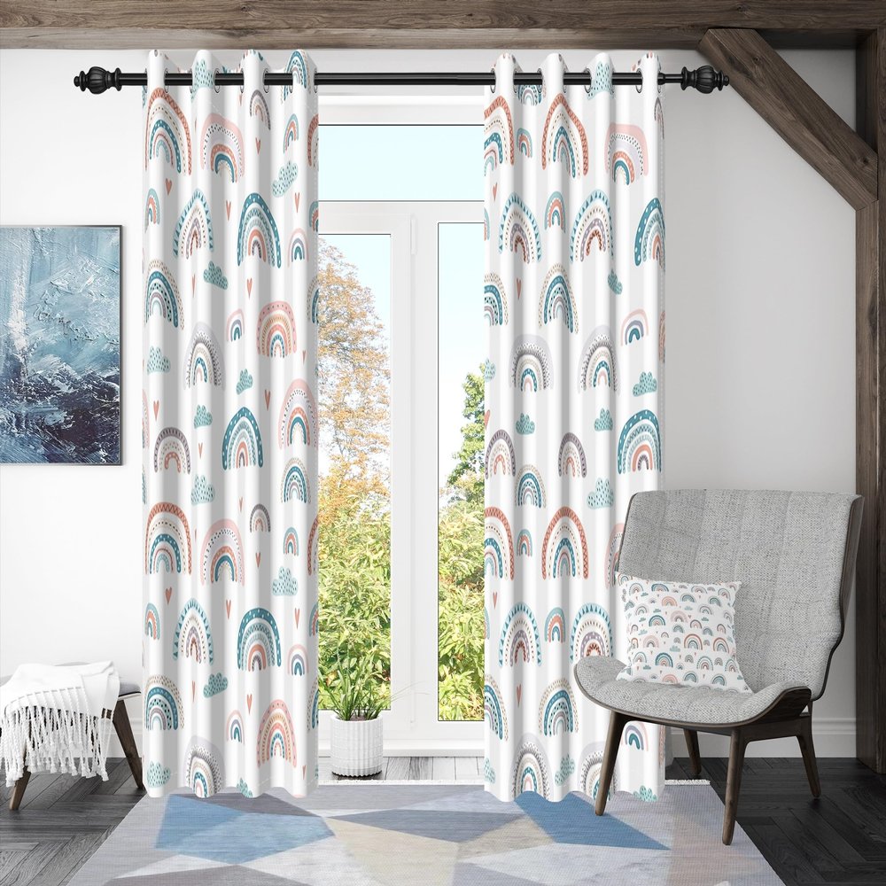 ggaimwf 132 x 214 cm Cartoon Rainbow Blackout Curtains for Kids' Room, Boho Colorful Sky and Clouds, Thermal Window Curtains, 2 Panels