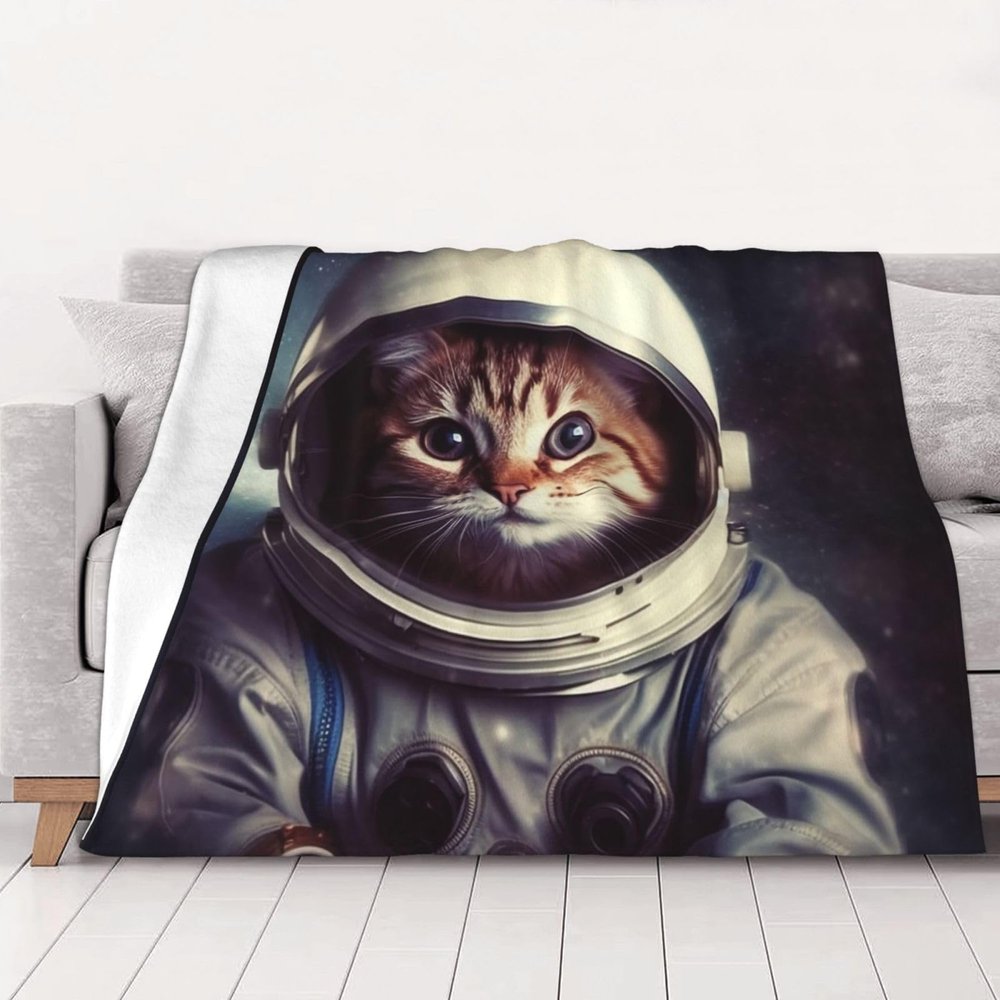 Animal, Cat and Astronaut Print Throw Blanket, 127 x 101 cm, Soft Cozy Fleece Blanket