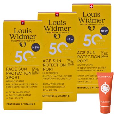 Louis Widmer Face Sun Protection Sport 50, 3 x 50 ml | Lightweight, Moisturizing Facial Emulsion | Extra Water-Resistant | Sweat-Resistant | High UV Protection | Value Pack with Pharma-Perle Giveaway